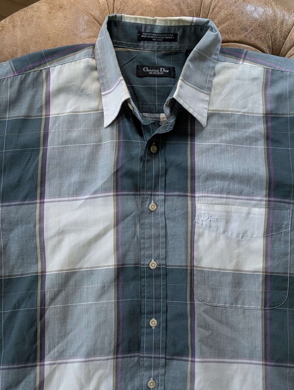 Christian Dior Monsieur Men's Short Sleeve Shirt Vintage Size Large Plaid Button